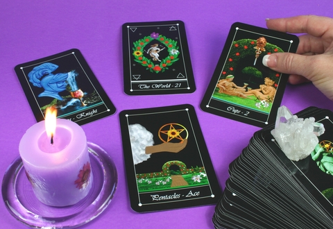 Close-up of colourful tarot cards